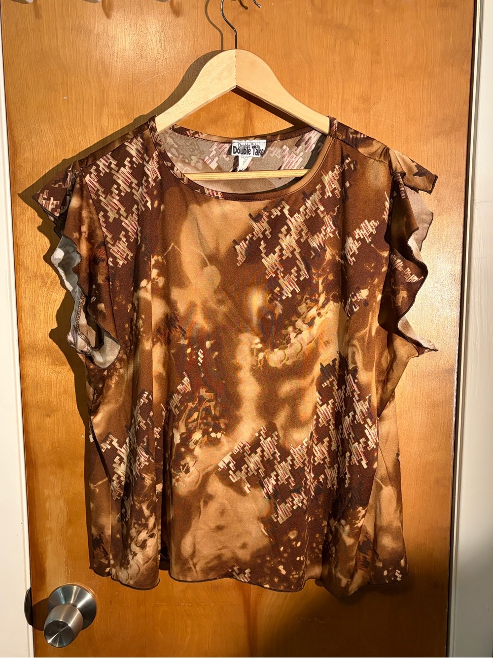 Double Take Brown Printed Ruffle-Sleeve Blouse